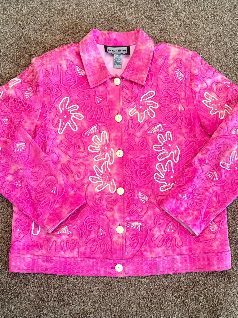 Vintage Indigo Moon Pink Embroidered Button-Up Jacket